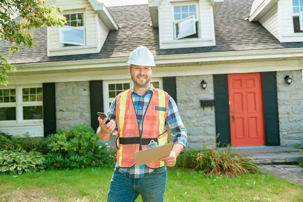 A man wearing safety vest holds a clipboard, standing in a construction environment.