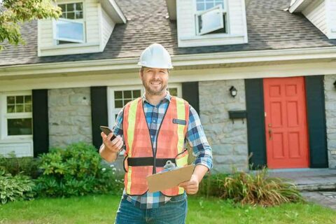 A man wearing safety vest holds a clipboard, standing in a construction environment.